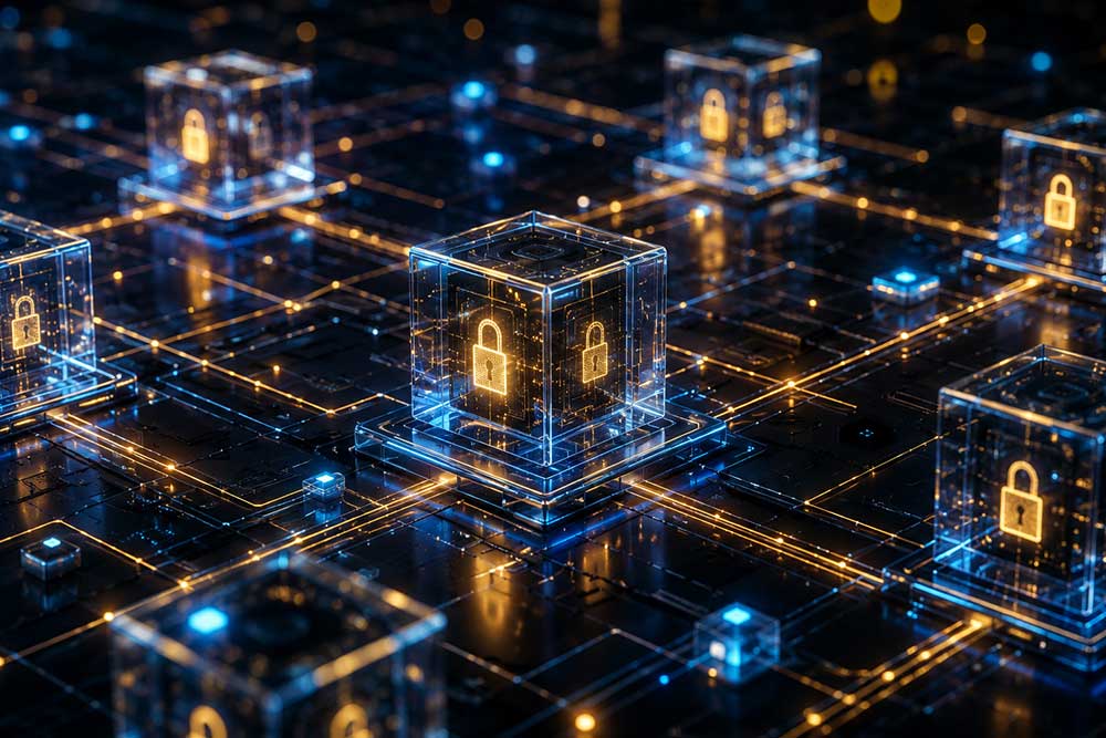 Blockchain security cubes connected through a digital authentication network.