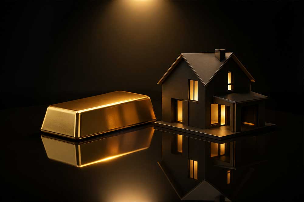 Gold bar and house model representing wealth preservation and diversified investments.